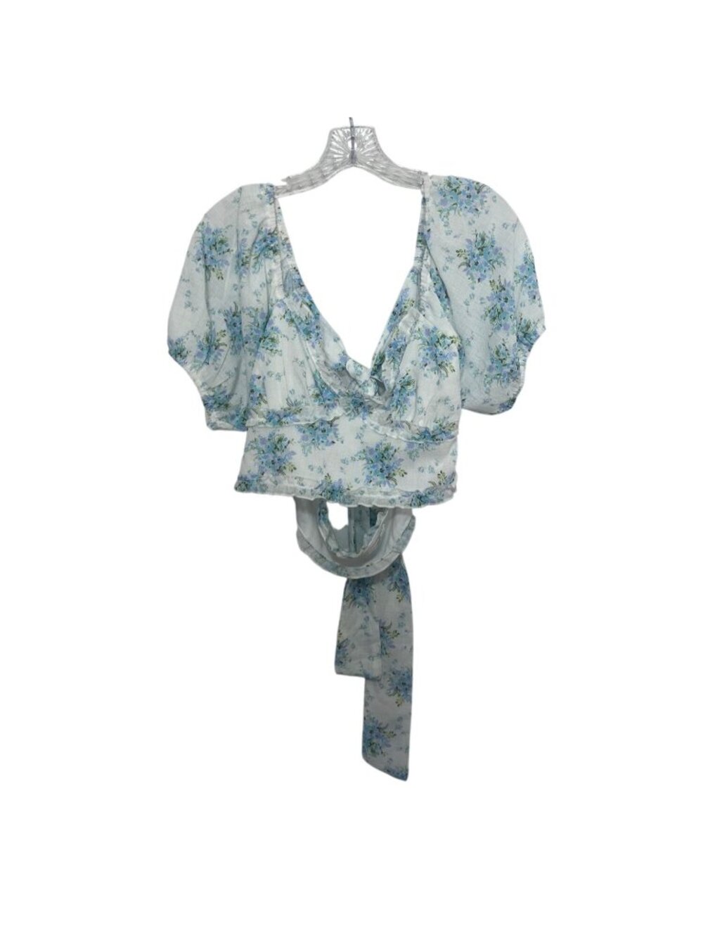 Floral Puff Sleeve Crop Top Tie Back Ruffle Hem XL Blue White New WOT